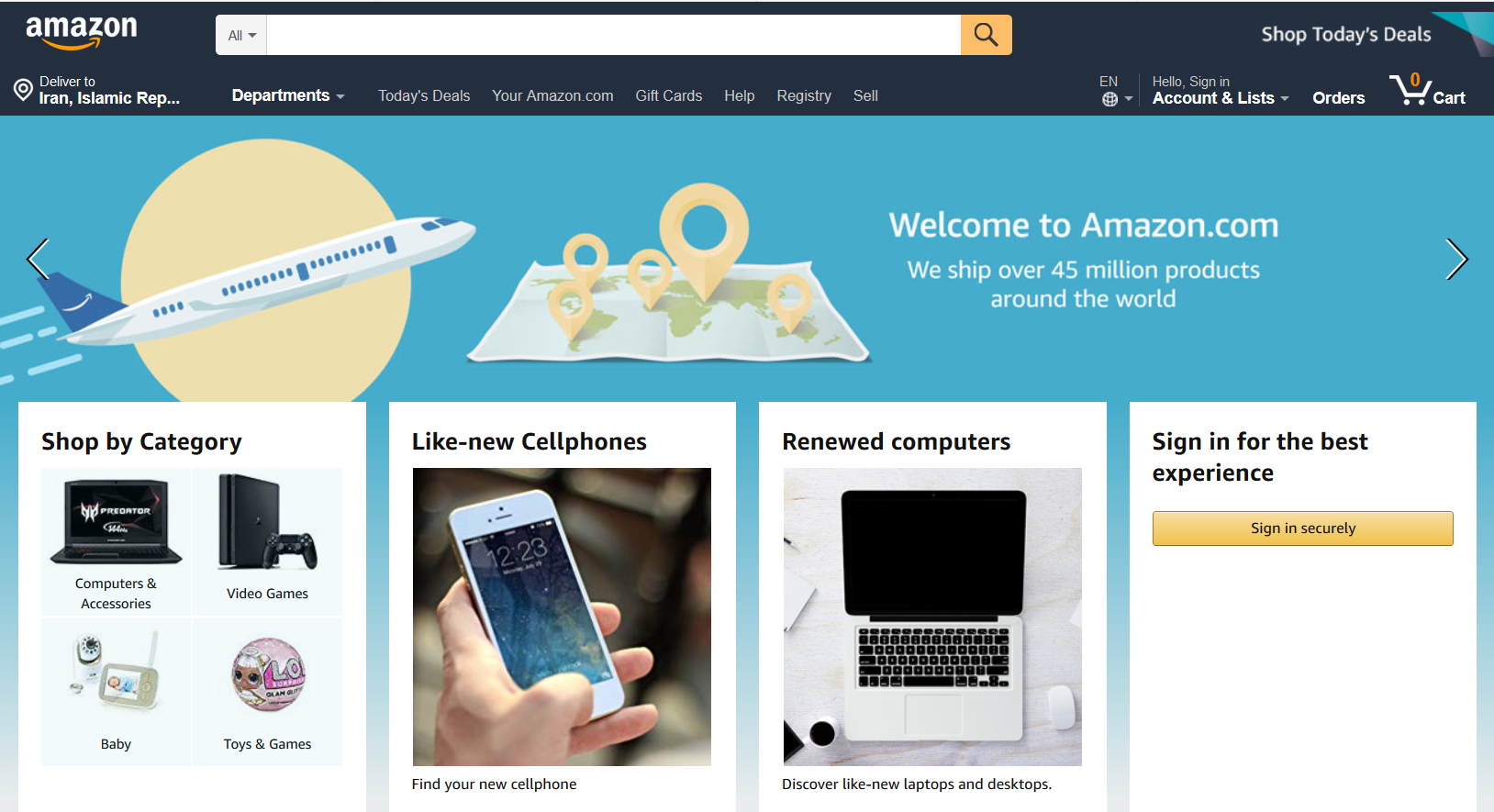 نمونه ای از یک وب سایت تجارت الکترونیک - صفحه اصلی وب سایت آمازون